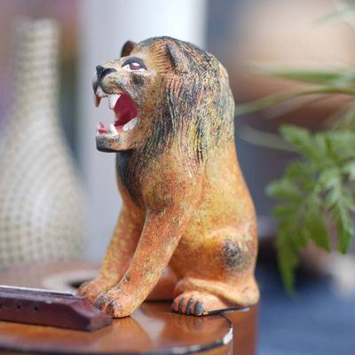 Alternate image for Lion Wood Figurine Hand-carved  Hand-painted in Indonesia Roaring Lion
