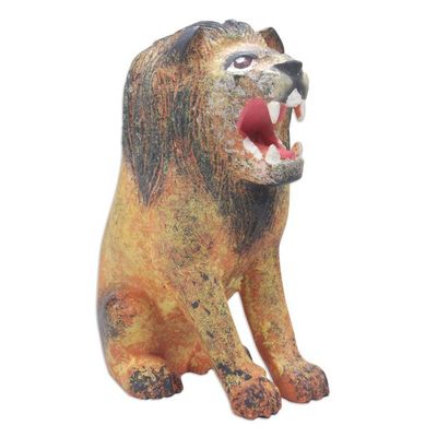 Alternate image for Lion Wood Figurine Hand-carved  Hand-painted in Indonesia Roaring Lion