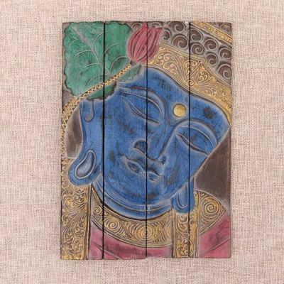 Primary image for Four Panel Wood Wall Panel Buddha in Blue Buddha Visage in Blue