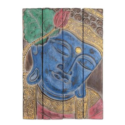 Alternate image for Four Panel Wood Wall Panel Buddha in Blue Buddha Visage in Blue