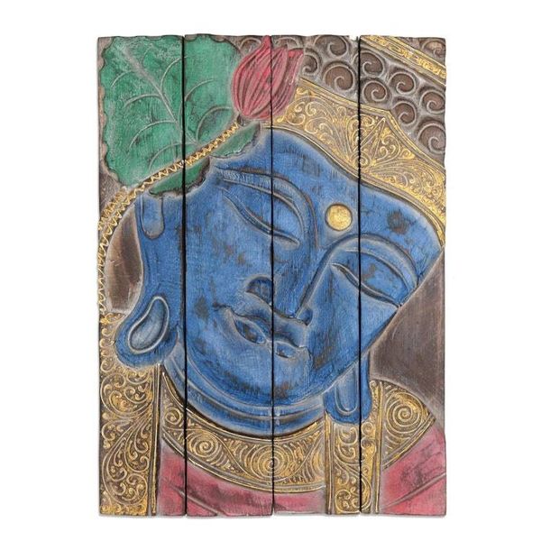 Alternate image for Four Panel Wood Wall Panel Buddha in Blue Buddha Visage in Blue