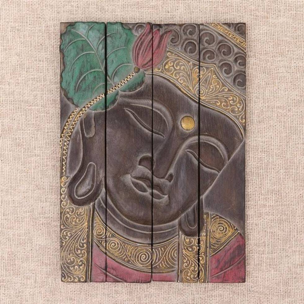 Four Panel Wood Wall Panel Buddha in Brown 'Buddha Visage in Brown'