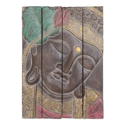 Alternate image for Four Panel Wood Wall Panel Buddha in Brown Buddha Visage in Brown