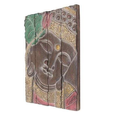 Alternate image for Four Panel Wood Wall Panel Buddha in Brown Buddha Visage in Brown