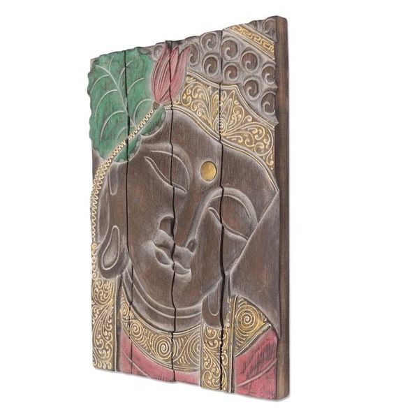 Alternate image for Four Panel Wood Wall Panel Buddha in Brown Buddha Visage in Brown