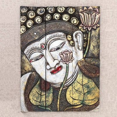 Primary image for Three Panel Wood Wall Panel Buddha with Lotus in White Buddha with Lotus in White