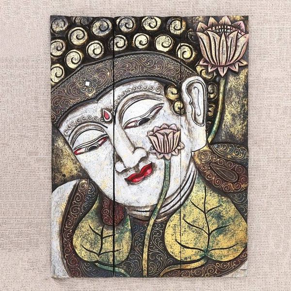 Alternate image for Three Panel Wood Wall Panel Buddha with Lotus in White Buddha with Lotus in White