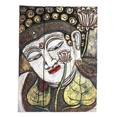 Alternate image for Three Panel Wood Wall Panel Buddha with Lotus in White Buddha with Lotus in White