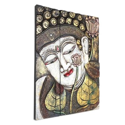 Alternate image for Three Panel Wood Wall Panel Buddha with Lotus in White Buddha with Lotus in White