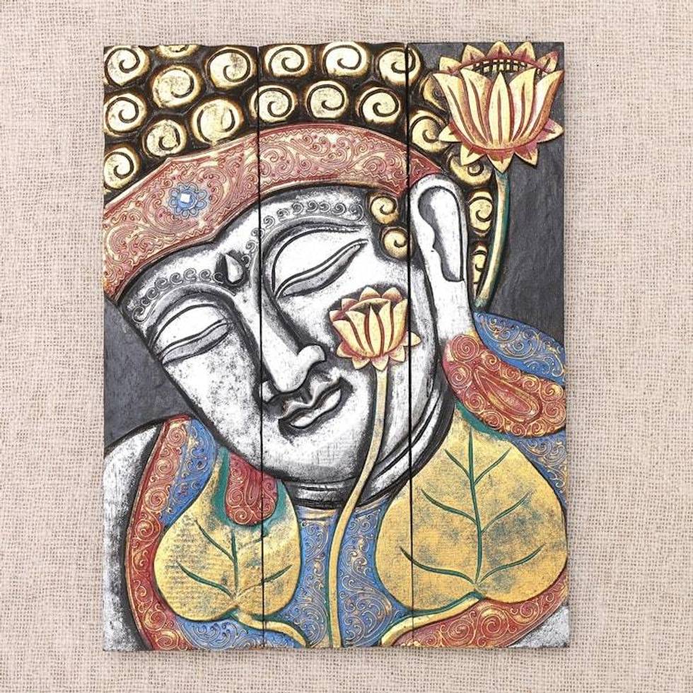 Three Panel Wood Wall Panel Buddha with Lotus Silver 'Buddha with Lotus in Silver'