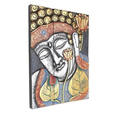Alternate image for Three Panel Wood Wall Panel Buddha with Lotus Silver Buddha with Lotus in Silver