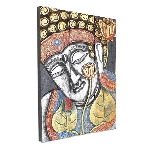 Alternate image for Three Panel Wood Wall Panel Buddha with Lotus Silver Buddha with Lotus in Silver