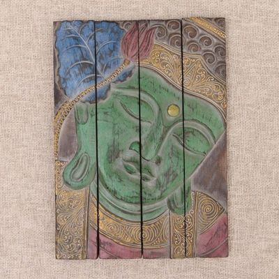 Primary image for Four Panel Wood Wall Panel Buddha in Green Buddha Visage in Green
