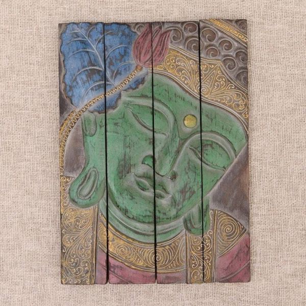 Alternate image for Four Panel Wood Wall Panel Buddha in Green Buddha Visage in Green