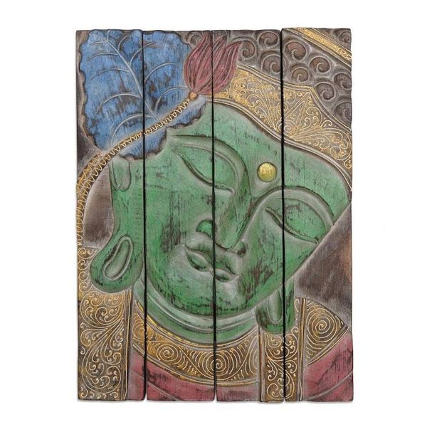 Alternate image for Four Panel Wood Wall Panel Buddha in Green Buddha Visage in Green