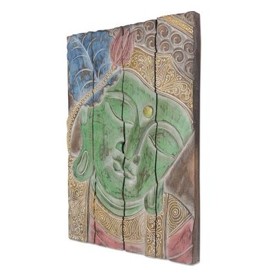 Alternate image for Four Panel Wood Wall Panel Buddha in Green Buddha Visage in Green