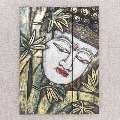 Primary image for Three Panel Wood Wall Panel Buddha with Lotus in Green Buddha with Lotus in Green