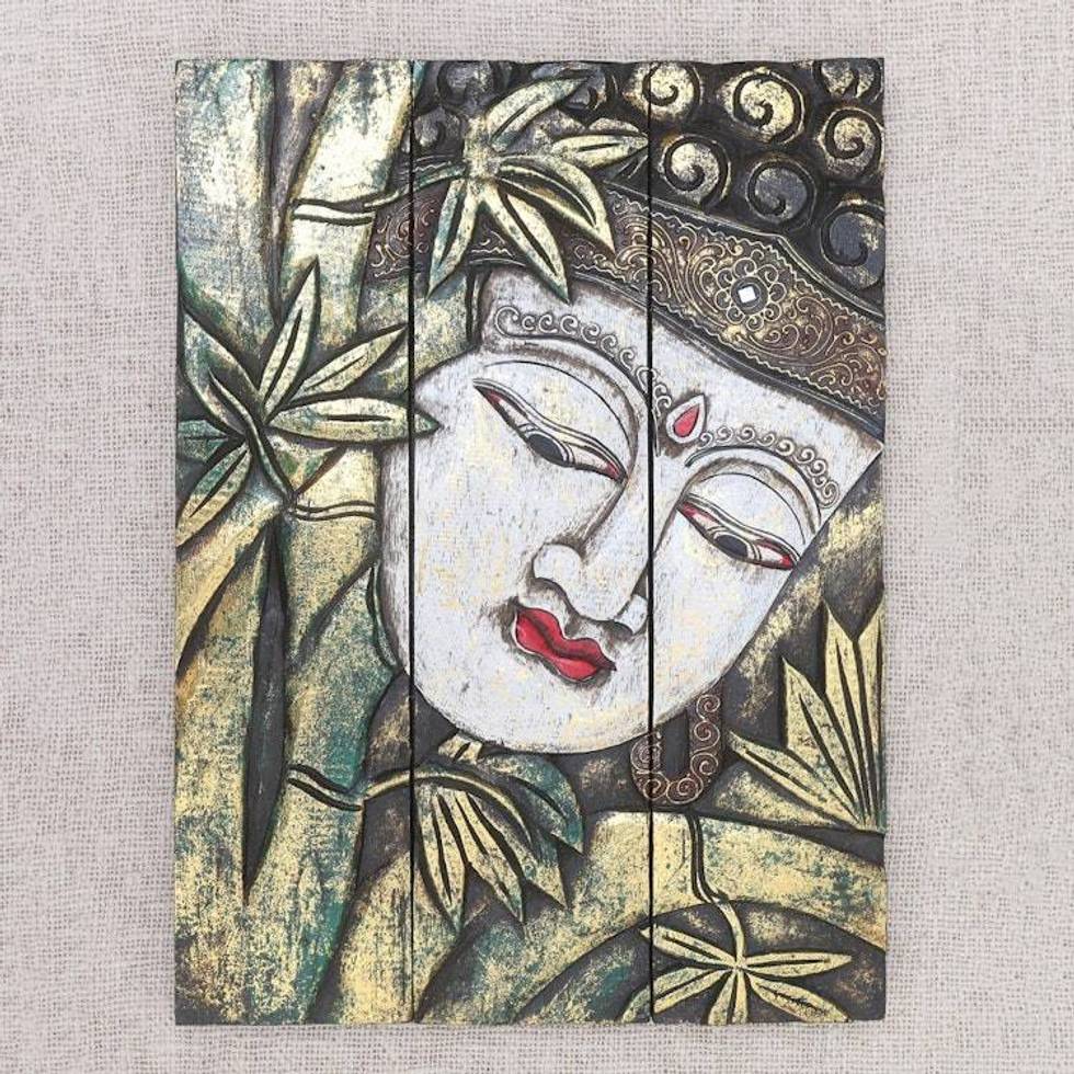 Three Panel Wood Wall Panel Buddha with Lotus in Green 'Buddha with Lotus in Green'