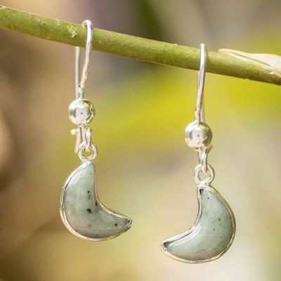 Alternate image for Apple Green Jade Silver Earrings with Crescent Moon Motif Moonlight Gleam