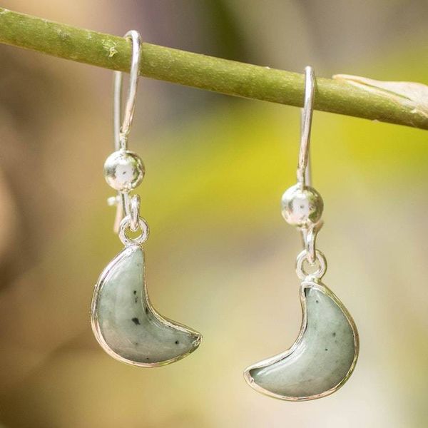 Alternate image for Apple Green Jade Silver Earrings with Crescent Moon Motif Moonlight Gleam