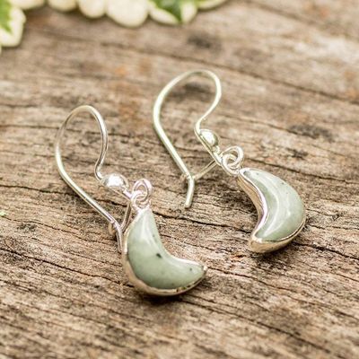 Alternate image for Apple Green Jade Silver Earrings with Crescent Moon Motif Moonlight Gleam