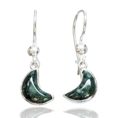 Alternate image for Silver Dangle Earrings with Crescent Moon-Shaped Jade Stones Green Moonlight Gleam
