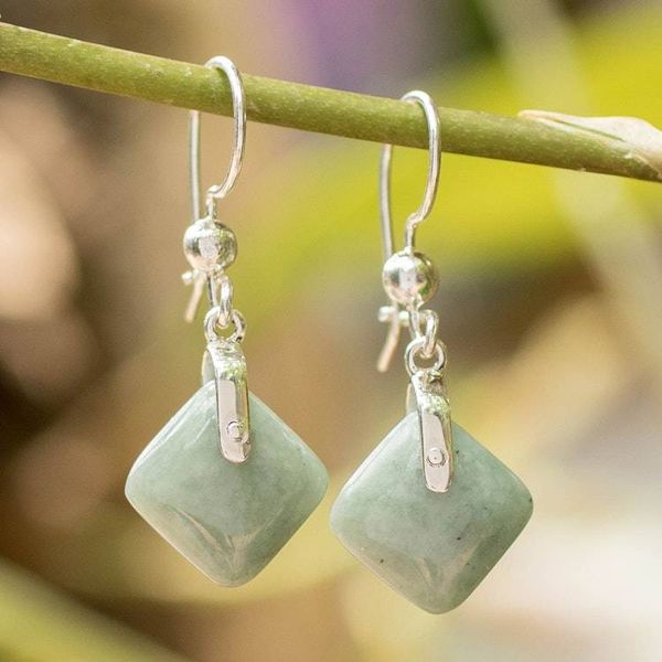 Alternate image for Geometric Apple Green Jade Sterling Silver Dangle Earrings Remarkable Rhombus
