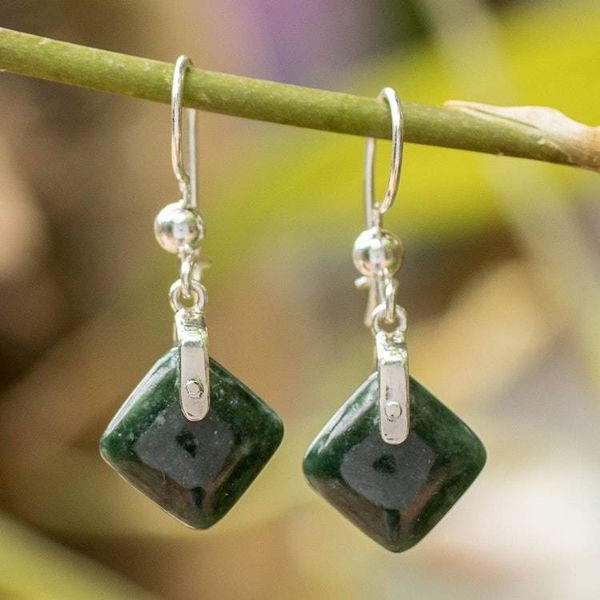 Alternate image for Rhombus-Themed Silver Dangle Earrings with Guatemalan Jade Green Remarkable Rhombus