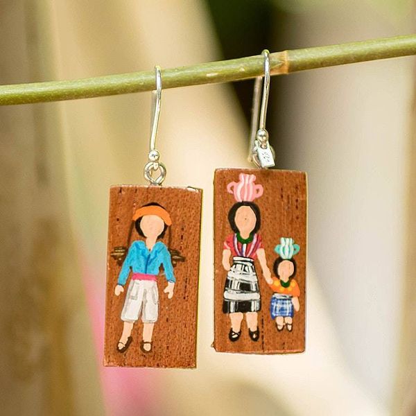 Alternate image for Guatemalan Family-Themed Hand-Painted Wood Dangle Earrings Patzun Family