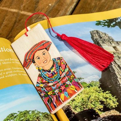 Alternate image for Hand-Painted Cedarwood Bookmark of Smiling Guatemalan Woman Patzun Ceremonial Huipil