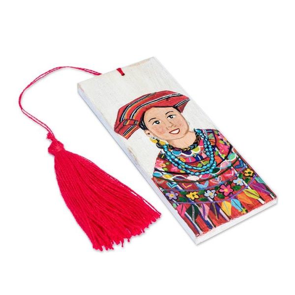 Alternate image for Hand-Painted Cedarwood Bookmark of Smiling Guatemalan Woman Patzun Ceremonial Huipil