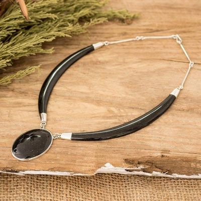 Primary image for Sterling Silver and Black Jade Oval Pendant Necklace Nocturnal Maya Elegance