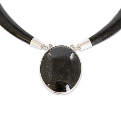 Alternate image for Sterling Silver and Black Jade Oval Pendant Necklace Nocturnal Maya Elegance