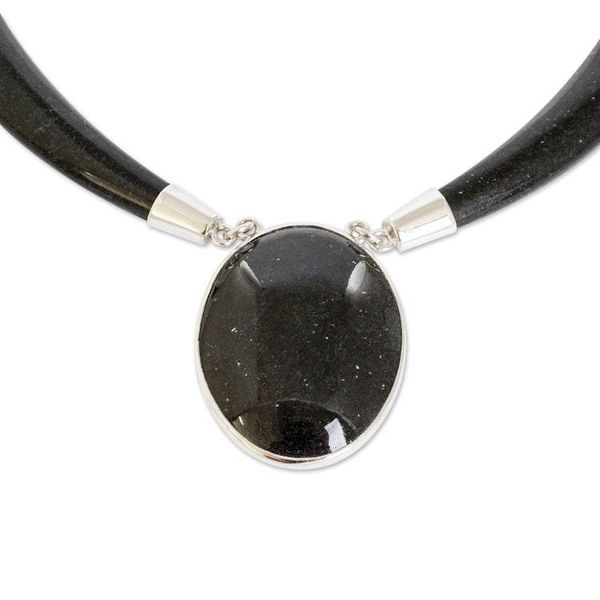 Alternate image for Sterling Silver and Black Jade Oval Pendant Necklace Nocturnal Maya Elegance