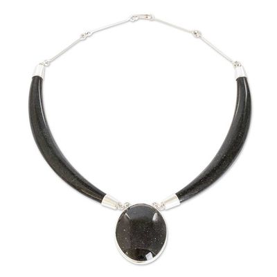 Alternate image for Sterling Silver and Black Jade Oval Pendant Necklace Nocturnal Maya Elegance