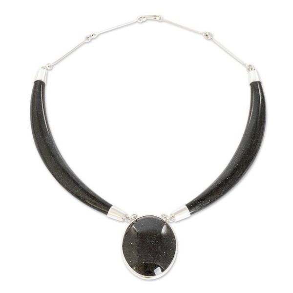 Alternate image for Sterling Silver and Black Jade Oval Pendant Necklace Nocturnal Maya Elegance