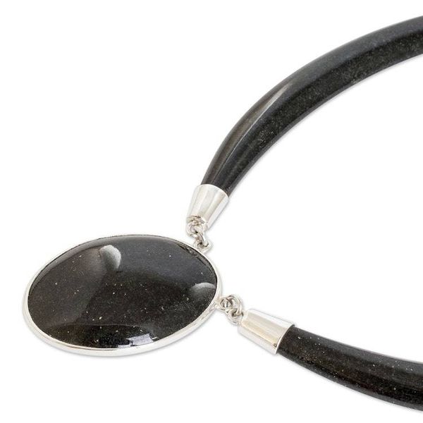 Alternate image for Sterling Silver and Black Jade Oval Pendant Necklace Nocturnal Maya Elegance