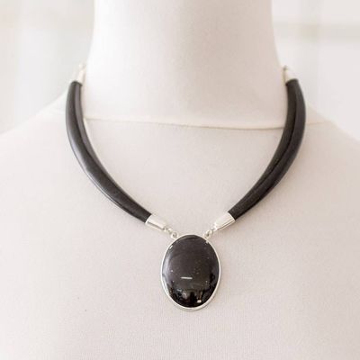 Alternate image for Sterling Silver and Black Jade Oval Pendant Necklace Nocturnal Maya Elegance