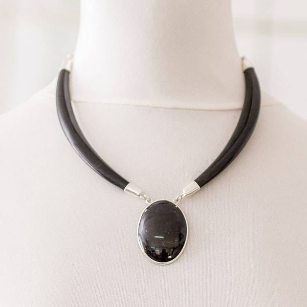Alternate image for Sterling Silver and Black Jade Oval Pendant Necklace Nocturnal Maya Elegance