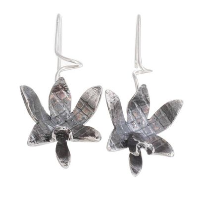 Alternate image for Oxidized Sterling Silver Orchid Drop Earrings Fascinating Dark Orchids