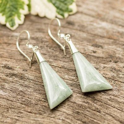 Alternate image for Modern Silver Dangle Earrings with Apple Green Jade Stones Geometric Flair