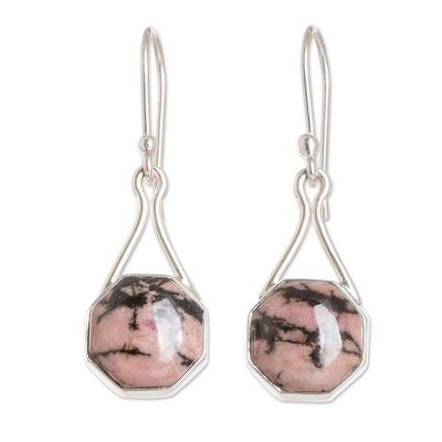 Alternate image for Sterling Silver Dangle Earrings with Rhodonite Stones Octagonal
