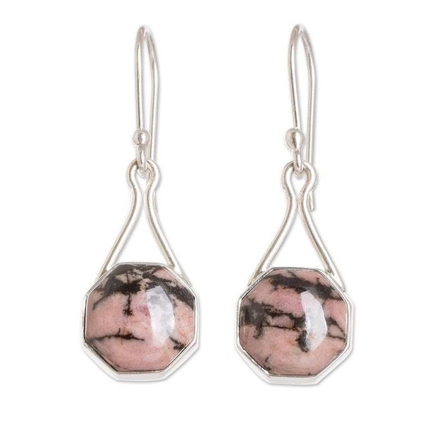 Alternate image for Sterling Silver Dangle Earrings with Rhodonite Stones Octagonal