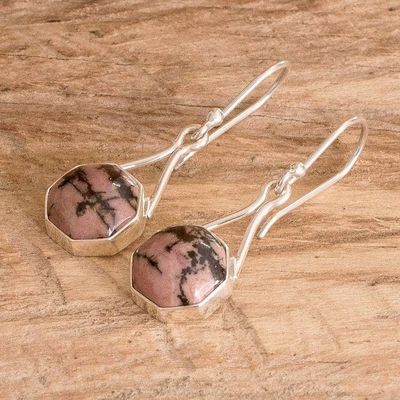 Alternate image for Sterling Silver Dangle Earrings with Rhodonite Stones Octagonal