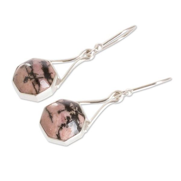 Alternate image for Sterling Silver Dangle Earrings with Rhodonite Stones Octagonal