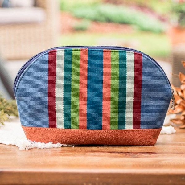Alternate image for Striped Blue and Brown 100 Cotton Zippered Cosmetic Bag Dreamy Paths