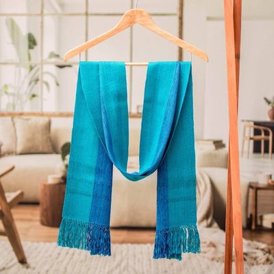 Primary image for Striped Fringed Handwoven Rayon Scarf in Two Shades of Blue Dual Glamour