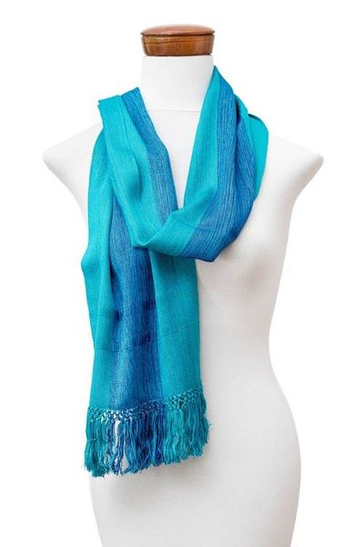 Alternate image for Striped Fringed Handwoven Rayon Scarf in Two Shades of Blue Dual Glamour