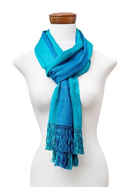 Alternate image for Striped Fringed Handwoven Rayon Scarf in Two Shades of Blue Dual Glamour