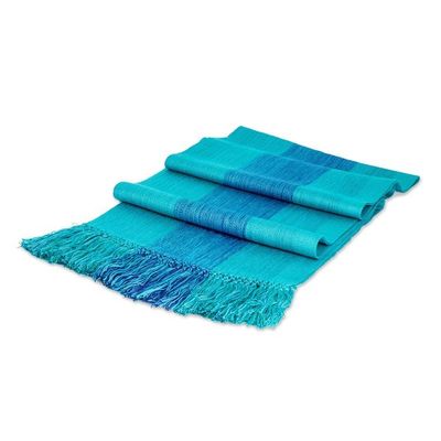Alternate image for Striped Fringed Handwoven Rayon Scarf in Two Shades of Blue Dual Glamour